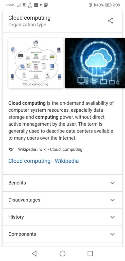 Google's Topic Layer in action on a search for 'cloud computing'