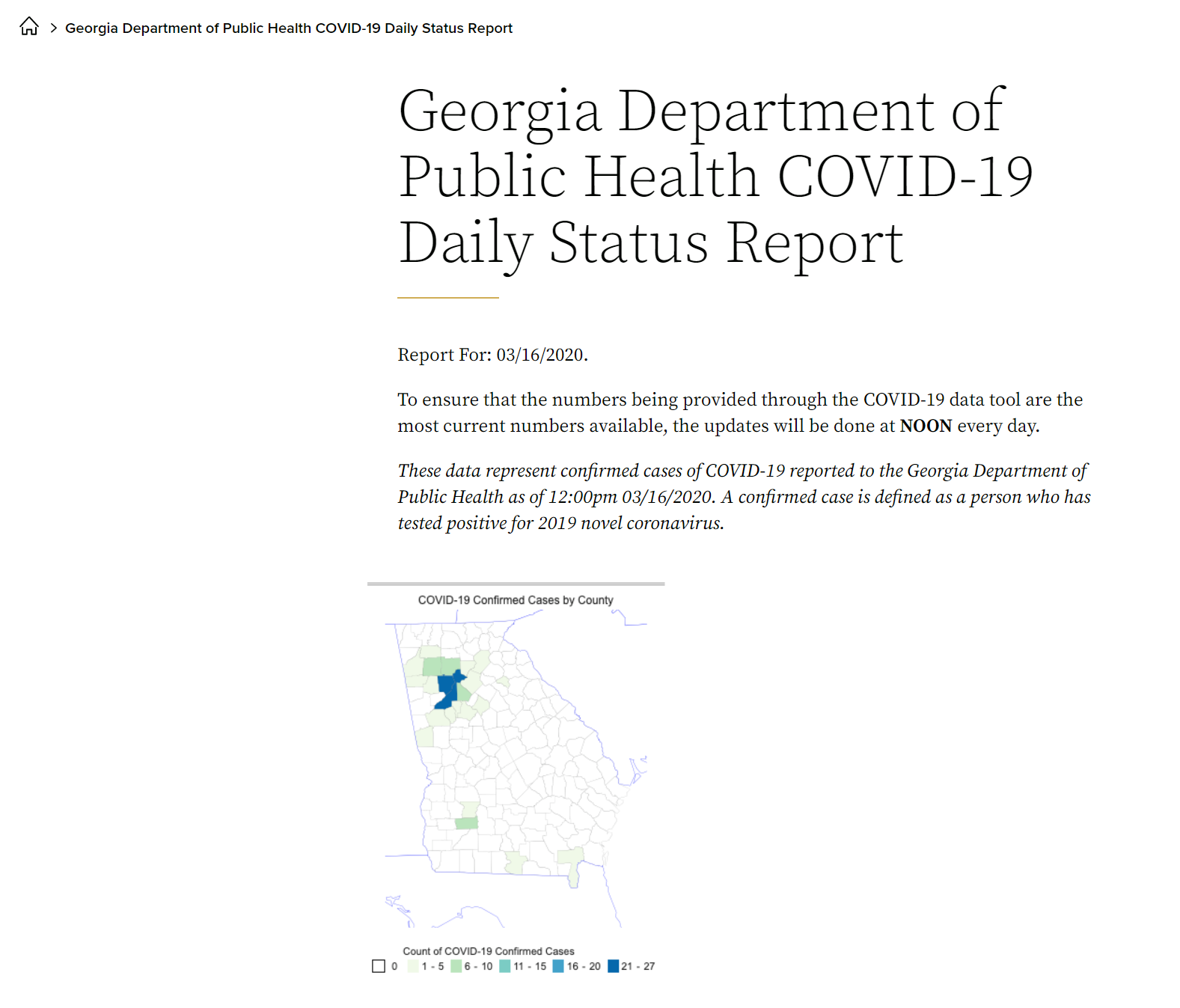 Georgia Department of Health COVID-19 Daily Update Webpage