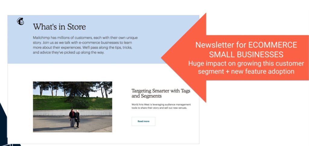 An example showing how Mailchimp targets e-commerce small business owners