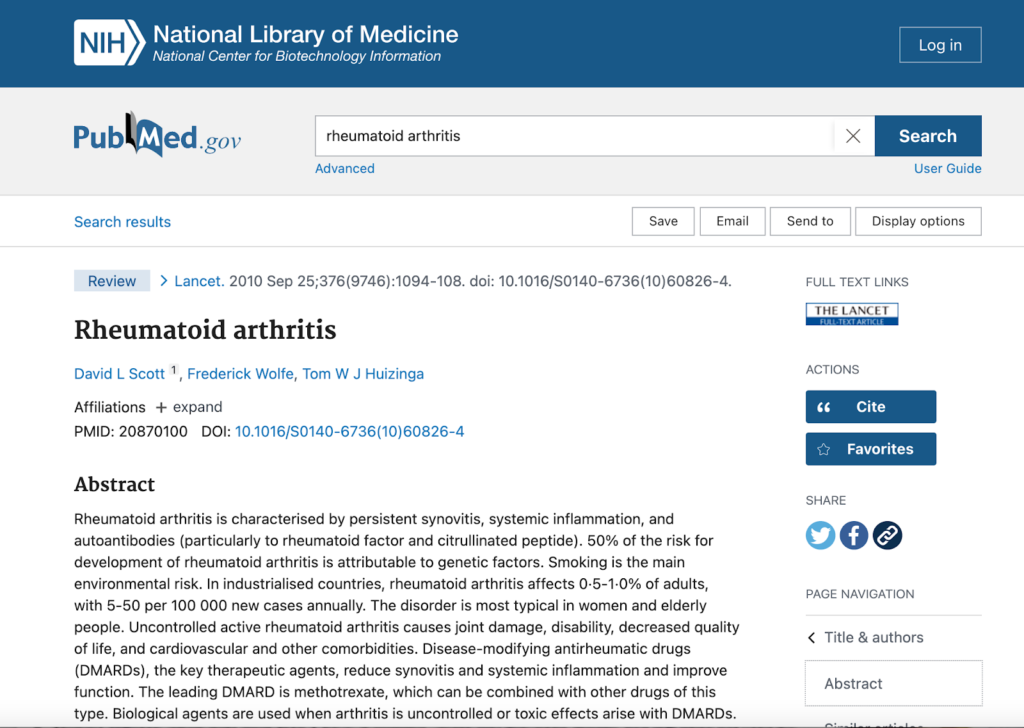 Screenshot of the abstract page of an article in PubMed