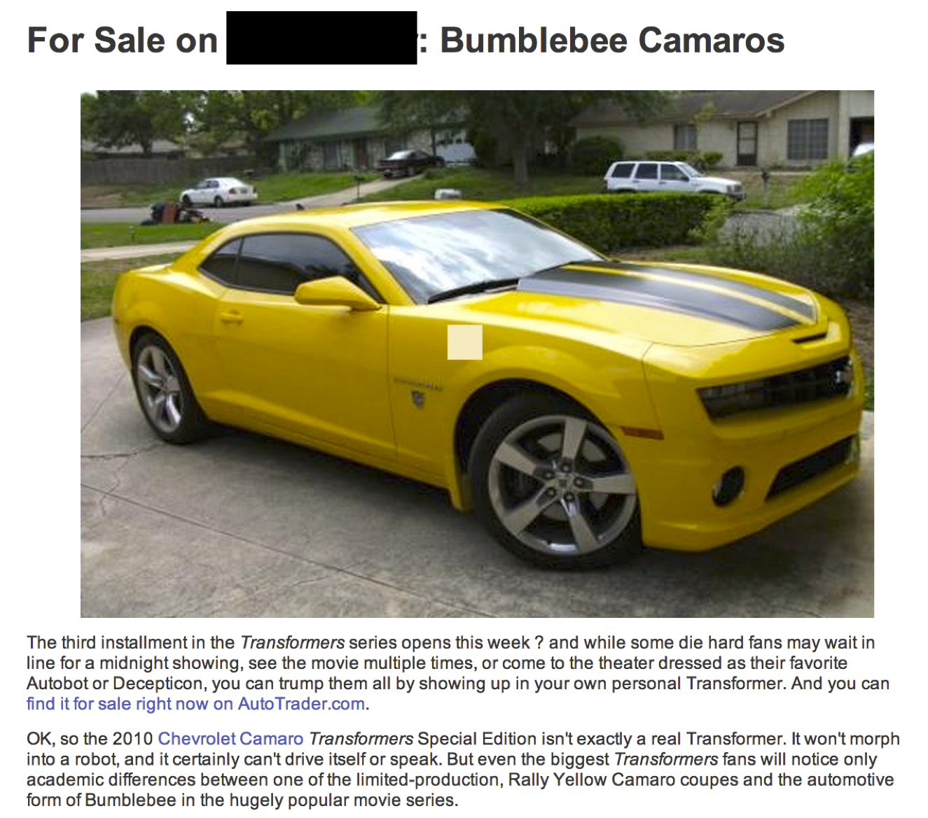 Image of Bumblebee Camaro car from auto website