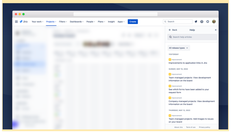 Jira displays a list of release notes in the "in-product help" panel.