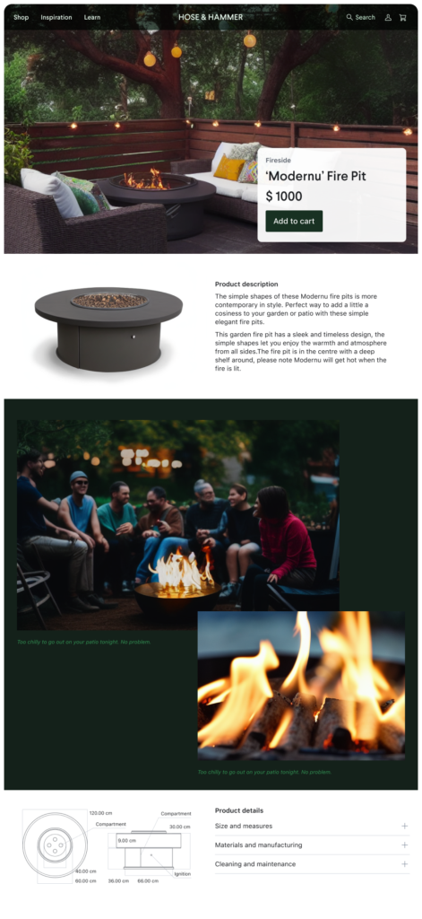 The Modernu Fire Pit using a Premium web product page template that has images of the fire pit in context of it being used and enjoyed by people with product description secondary to the hero image, and product sketches and details at the bottom.