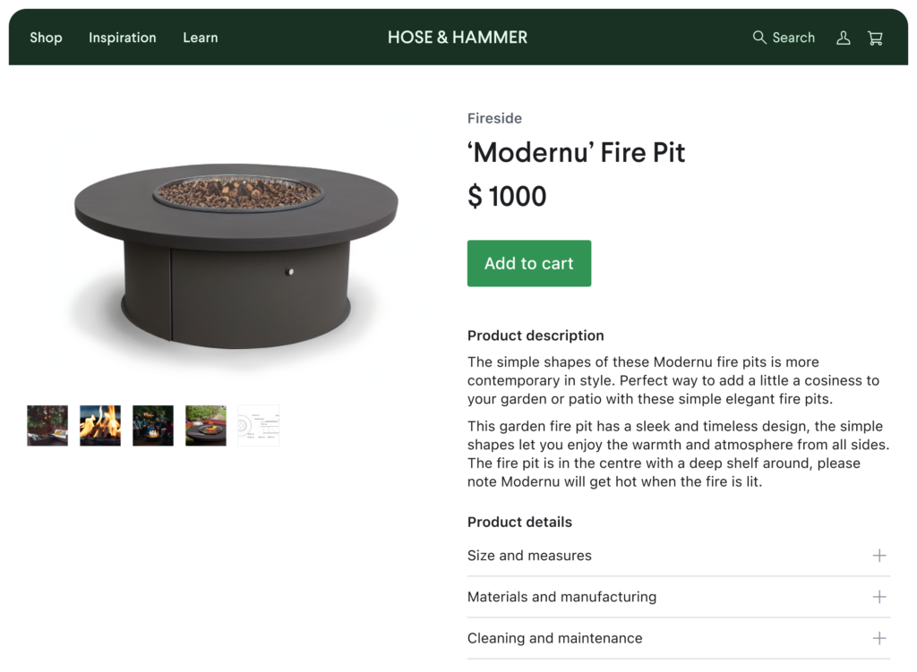 The Modurnu Fire Pit using a standard web product detail page template with a carousel of images, Add to cart button, product description, and product details hidden by accordions. 